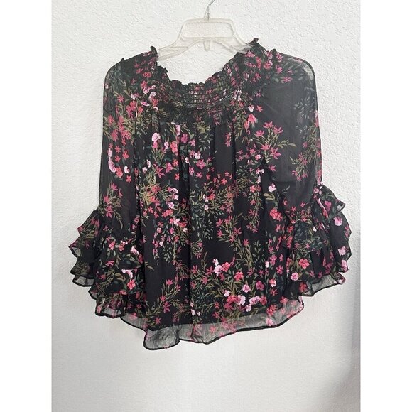 Cece Blouse‎ Women's L Black Floral Smoked Off The Shoulder Cottage Core Whimsy - Picture 1 of 5